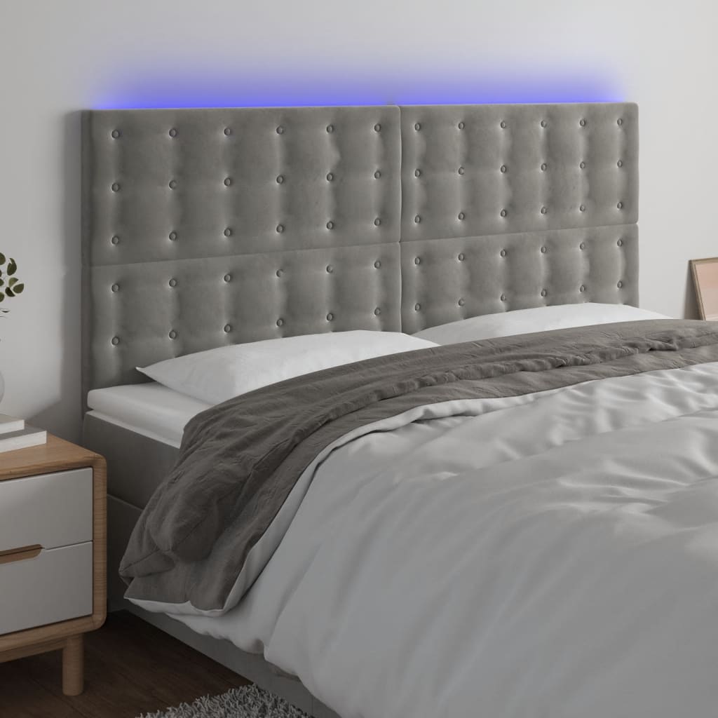 sengegavl med LED-lys 160x5x118/128 cm fløjl lysegrå