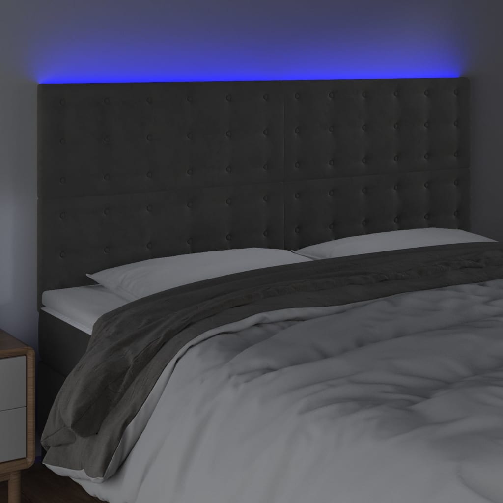 sengegavl med LED-lys 160x5x118/128 cm fløjl mørkegrå