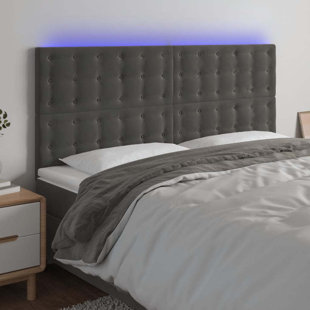 sengegavl med LED-lys 160x5x118/128 cm fløjl mørkegrå