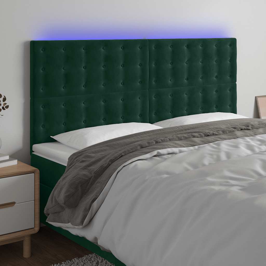sengegavl med LED-lys 160x5x118/128 cm fløjl mørkegrøn