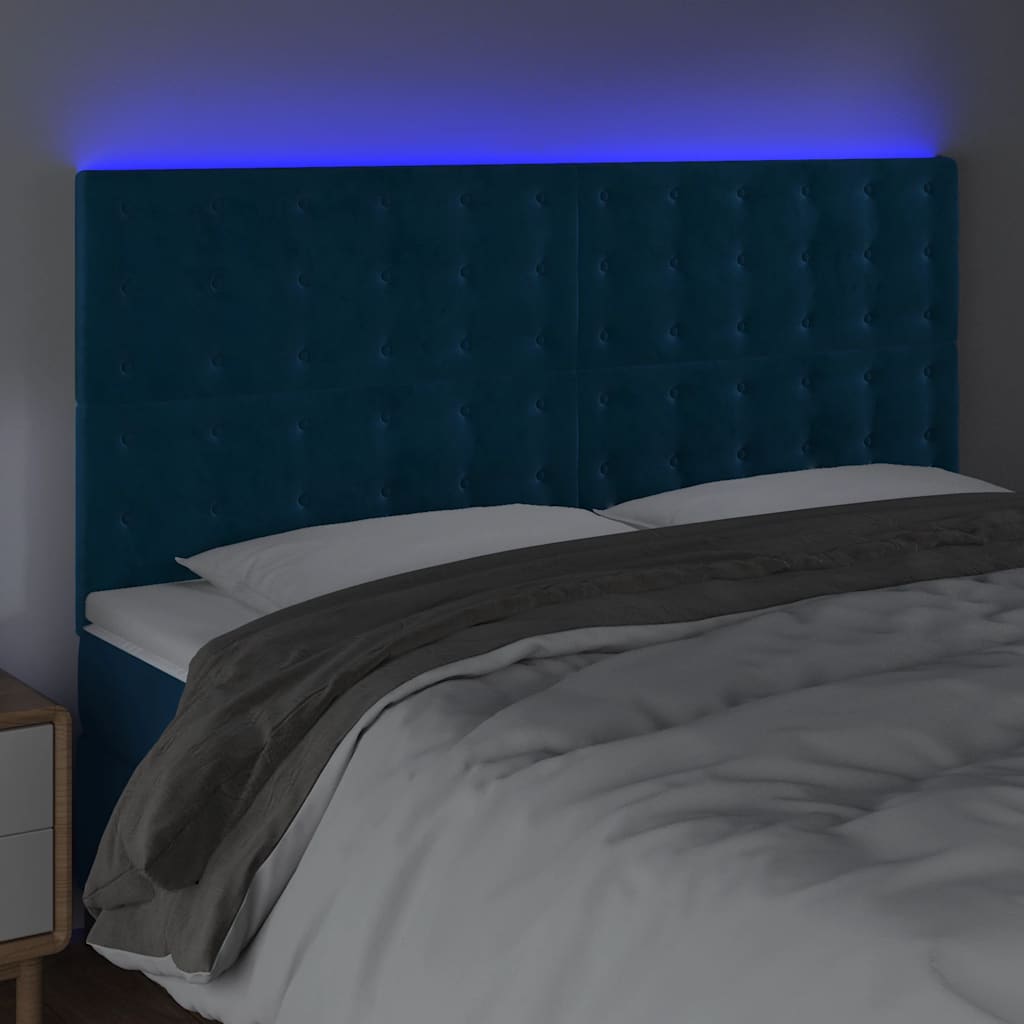 sengegavl med LED-lys 160x5x118/128 cm fløjl mørkeblå