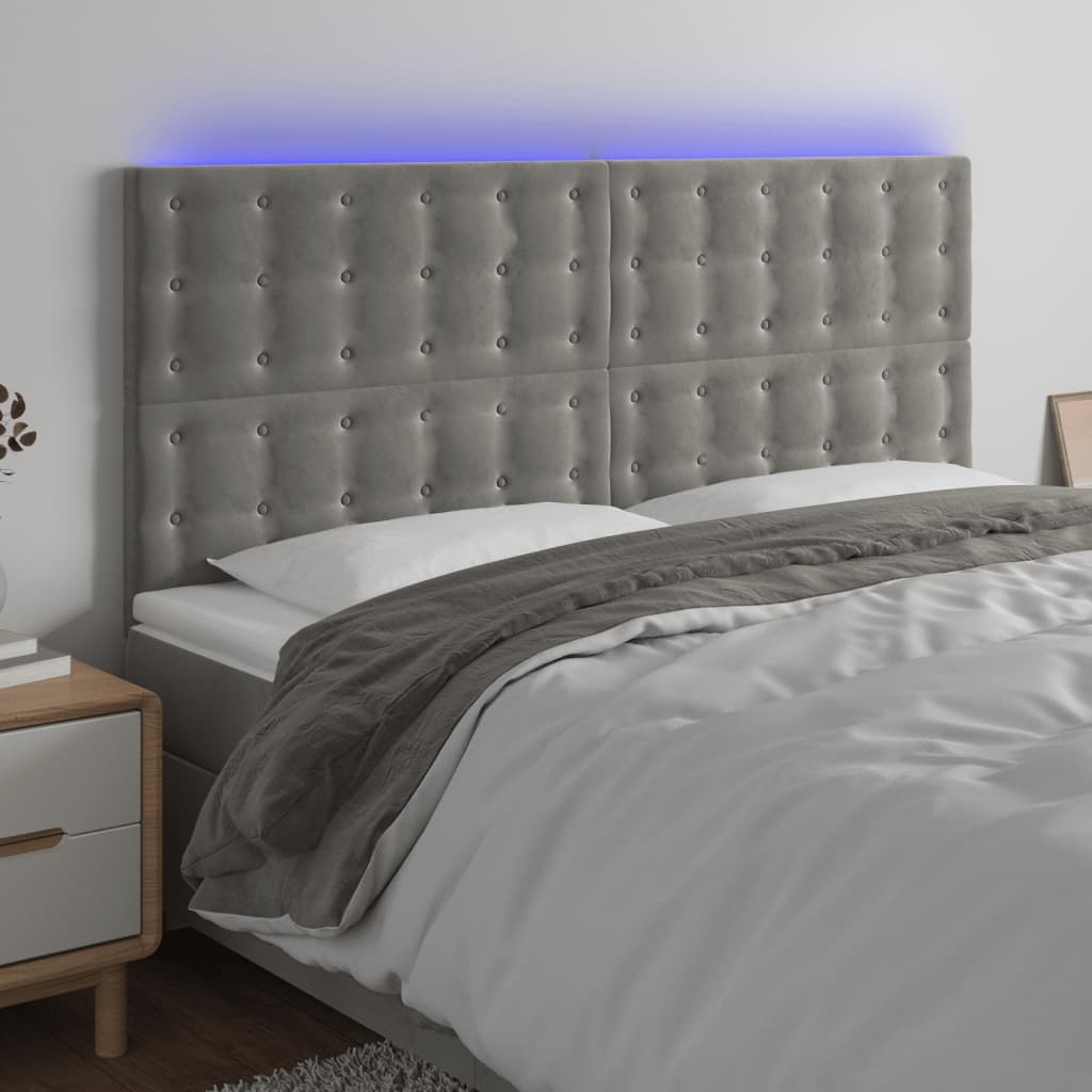 sengegavl med LED-lys 180x5x118/128 cm fløjl lysegrå