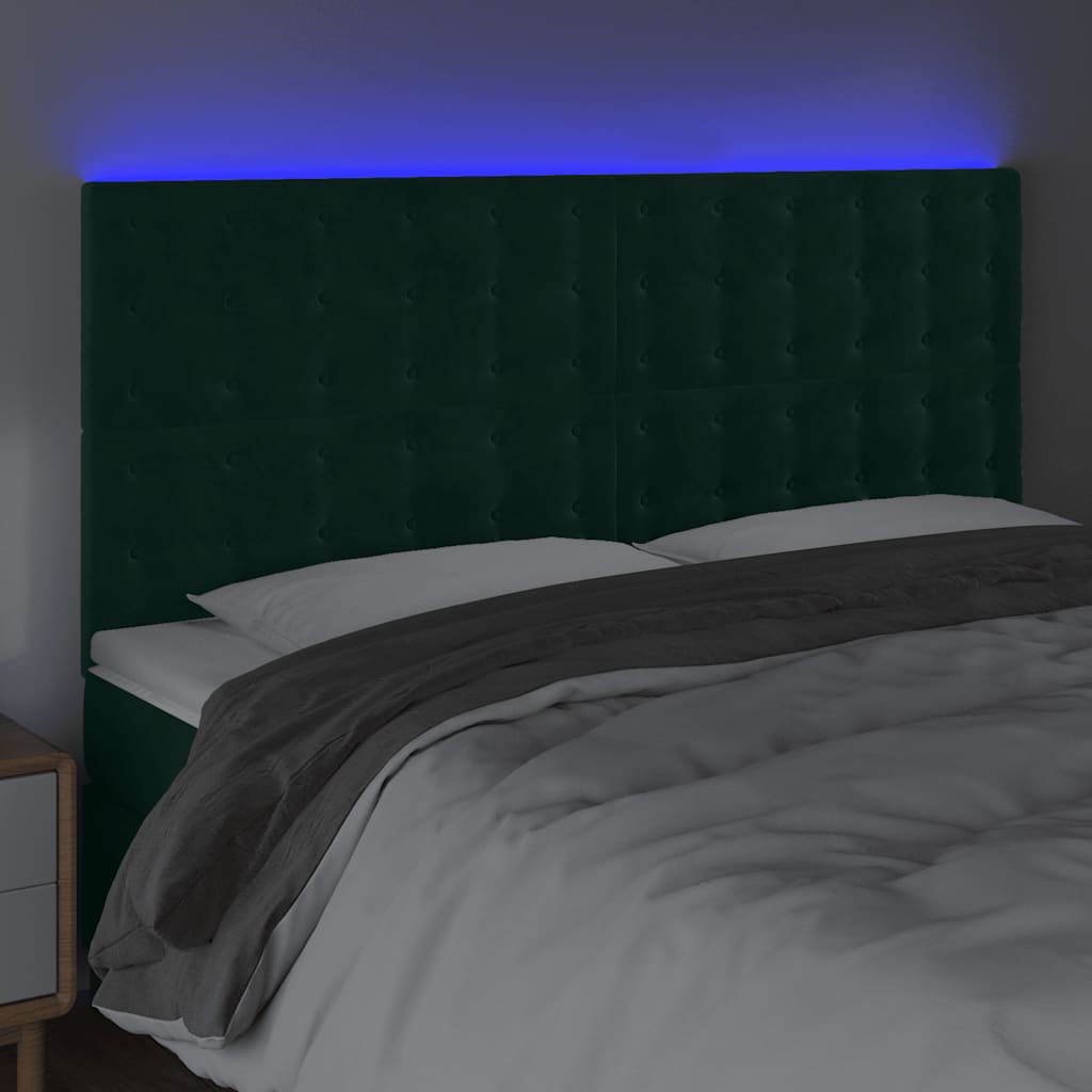 sengegavl med LED-lys 180x5x118/128 cm fløjl mørkegrøn