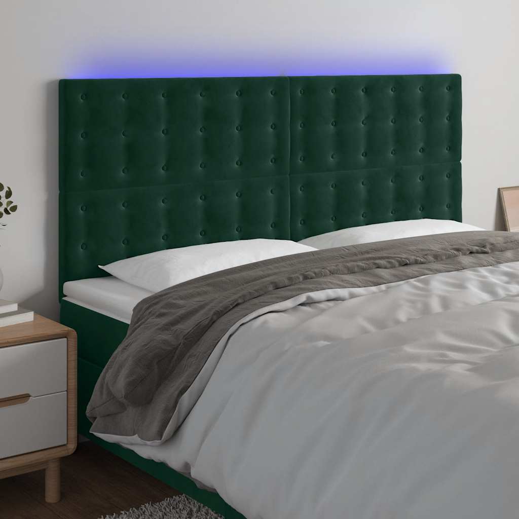 sengegavl med LED-lys 180x5x118/128 cm fløjl mørkegrøn