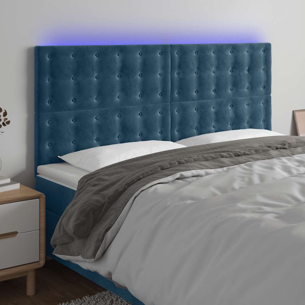 sengegavl med LED-lys 180x5x118/128 cm fløjl mørkeblå