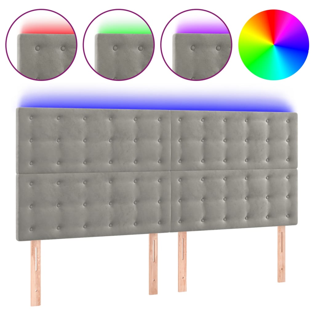 sengegavl med LED-lys 200x5x118/128 cm fløjl lysegrå