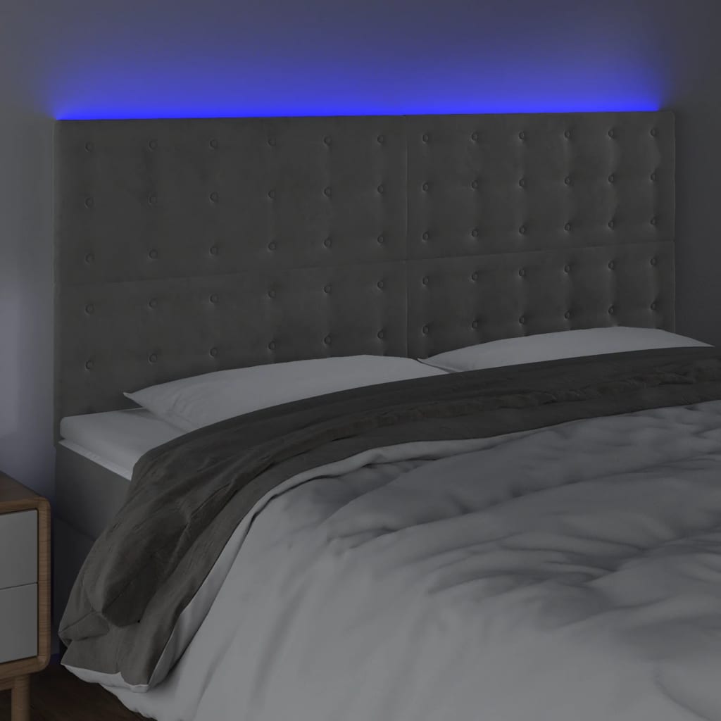 sengegavl med LED-lys 200x5x118/128 cm fløjl lysegrå