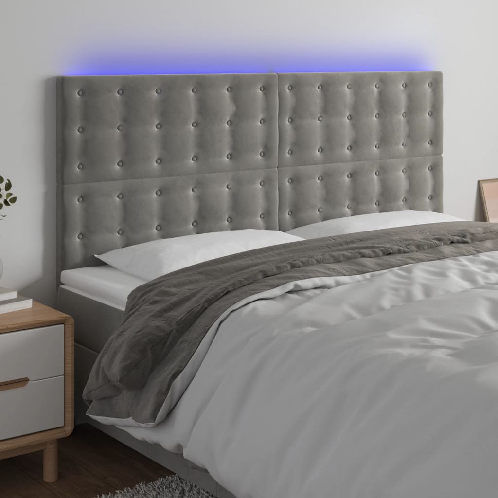 sengegavl med LED-lys 200x5x118/128 cm fløjl lysegrå