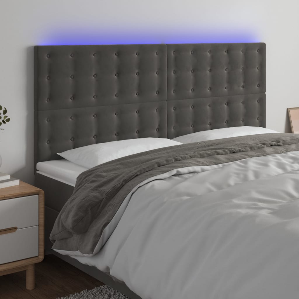 sengegavl med LED-lys 200x5x118/128 cm fløjl mørkegrå