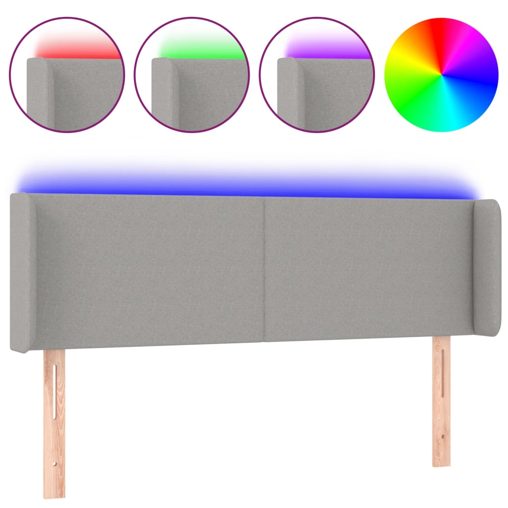 sengegavl med LED-lys 147x16x78/88 cm stof lysegrå