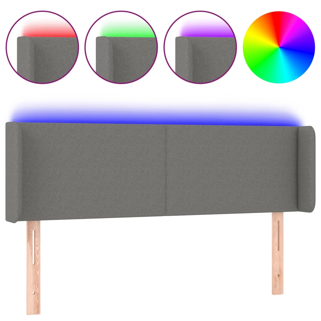 sengegavl med LED-lys 147x16x78/88 cm stof mørkegrå