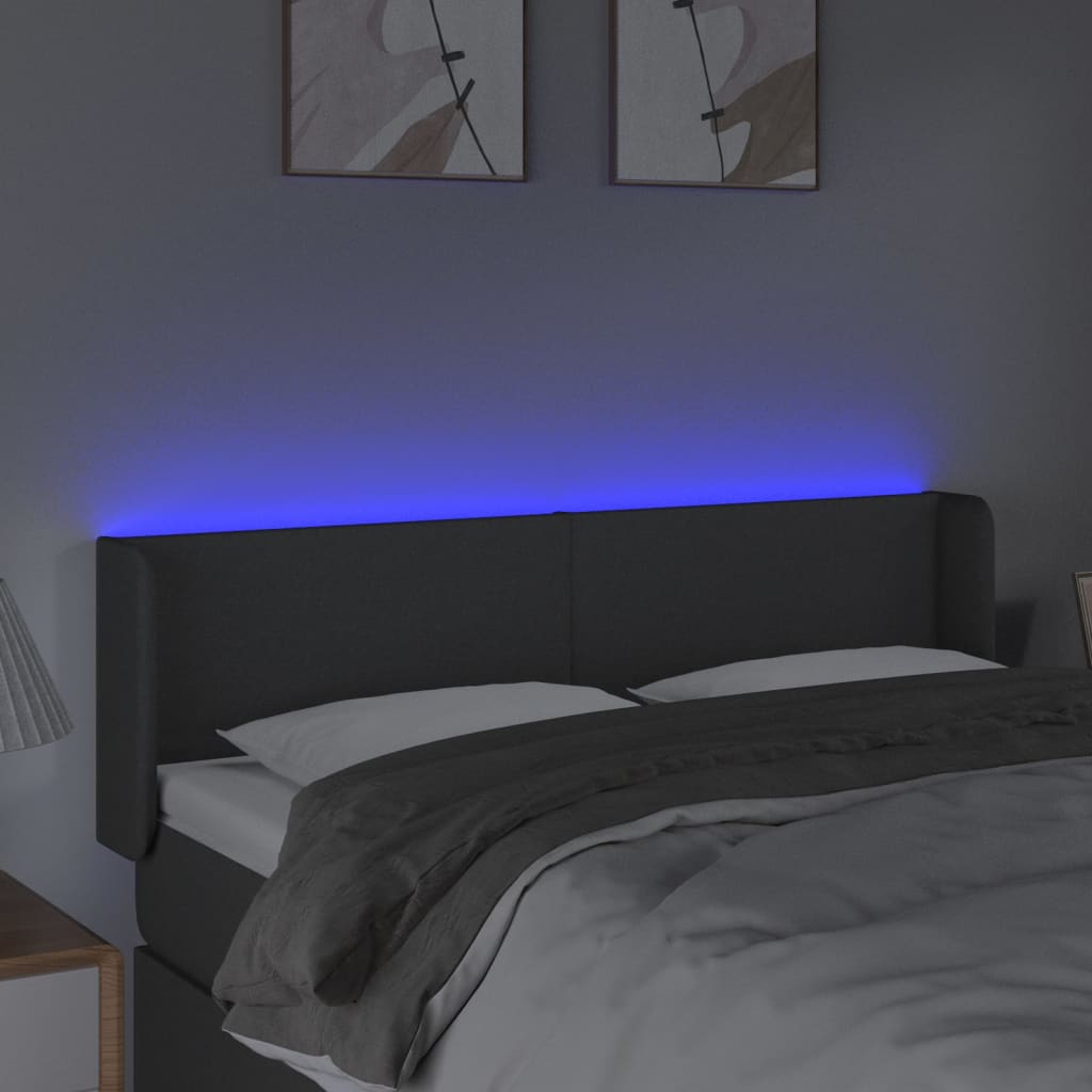 sengegavl med LED-lys 147x16x78/88 cm stof mørkegrå
