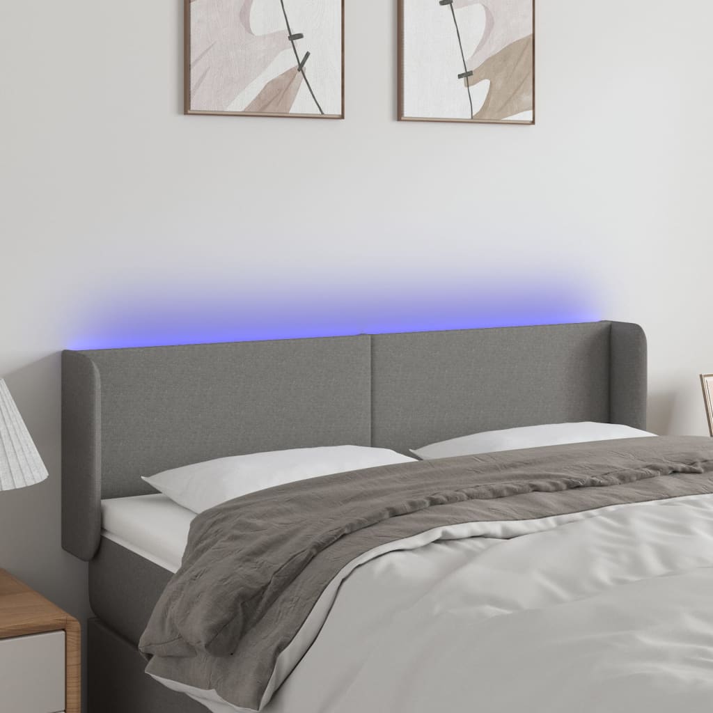 sengegavl med LED-lys 147x16x78/88 cm stof mørkegrå