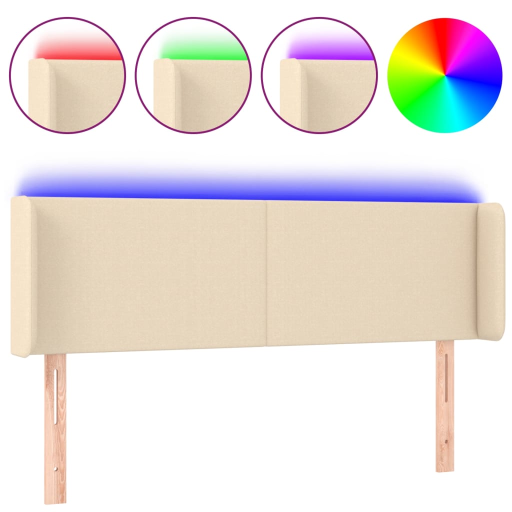 sengegavl med LED-lys 147x16x78/88 cm stof cremefarvet