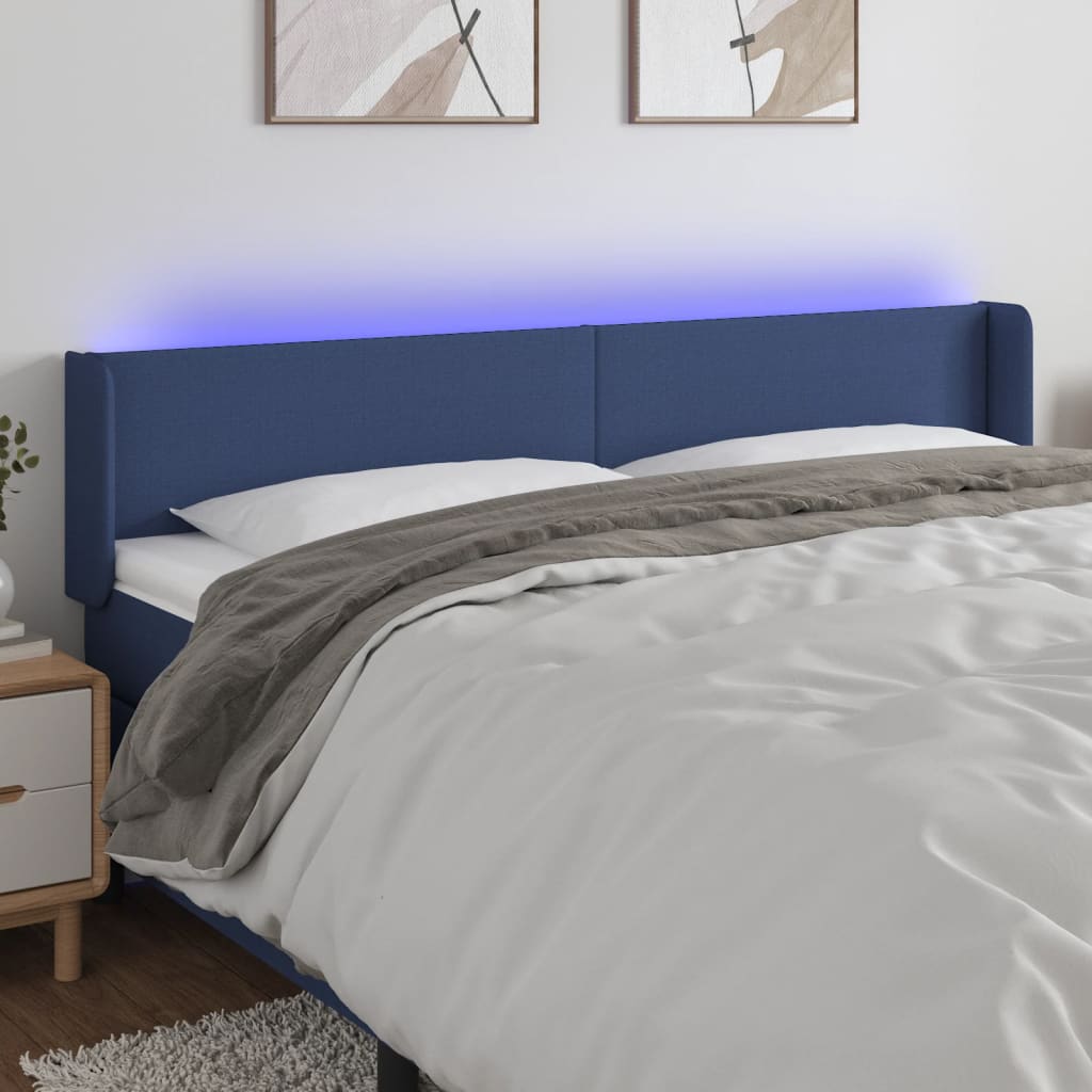 sengegavl med LED-lys 183x16x78/88 cm stof blå