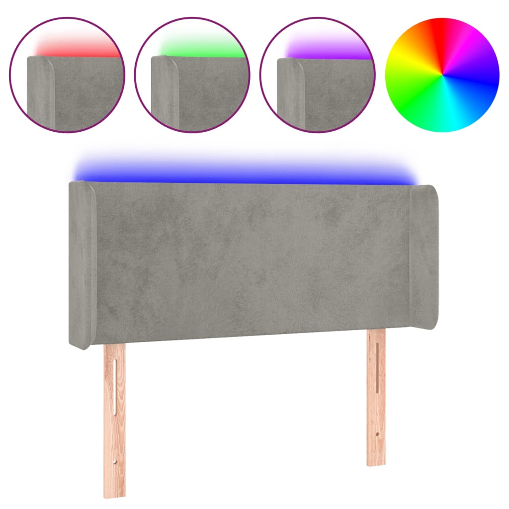 sengegavl med LED-lys 83x16x78/88 cm fløjl lysegrå