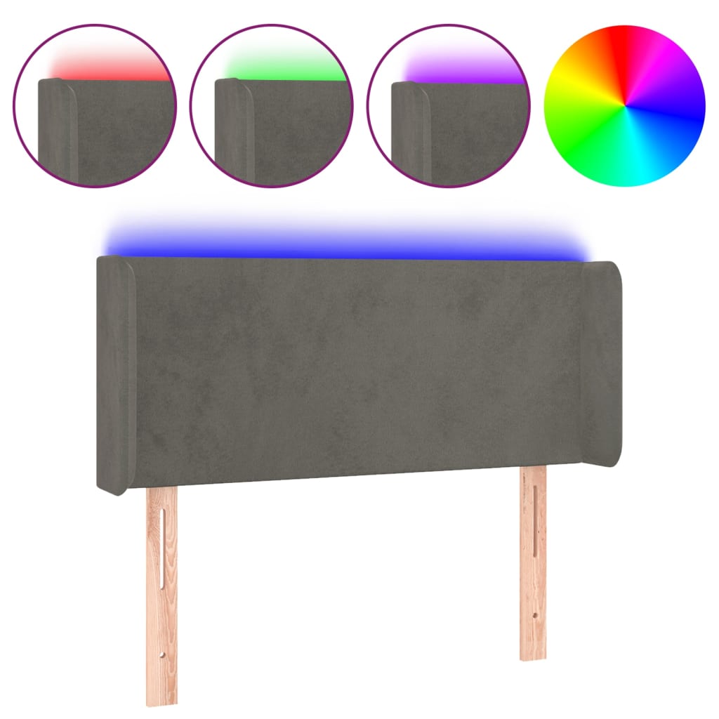 sengegavl med LED-lys 103x16x78/88 cm fløjl mørkegrå