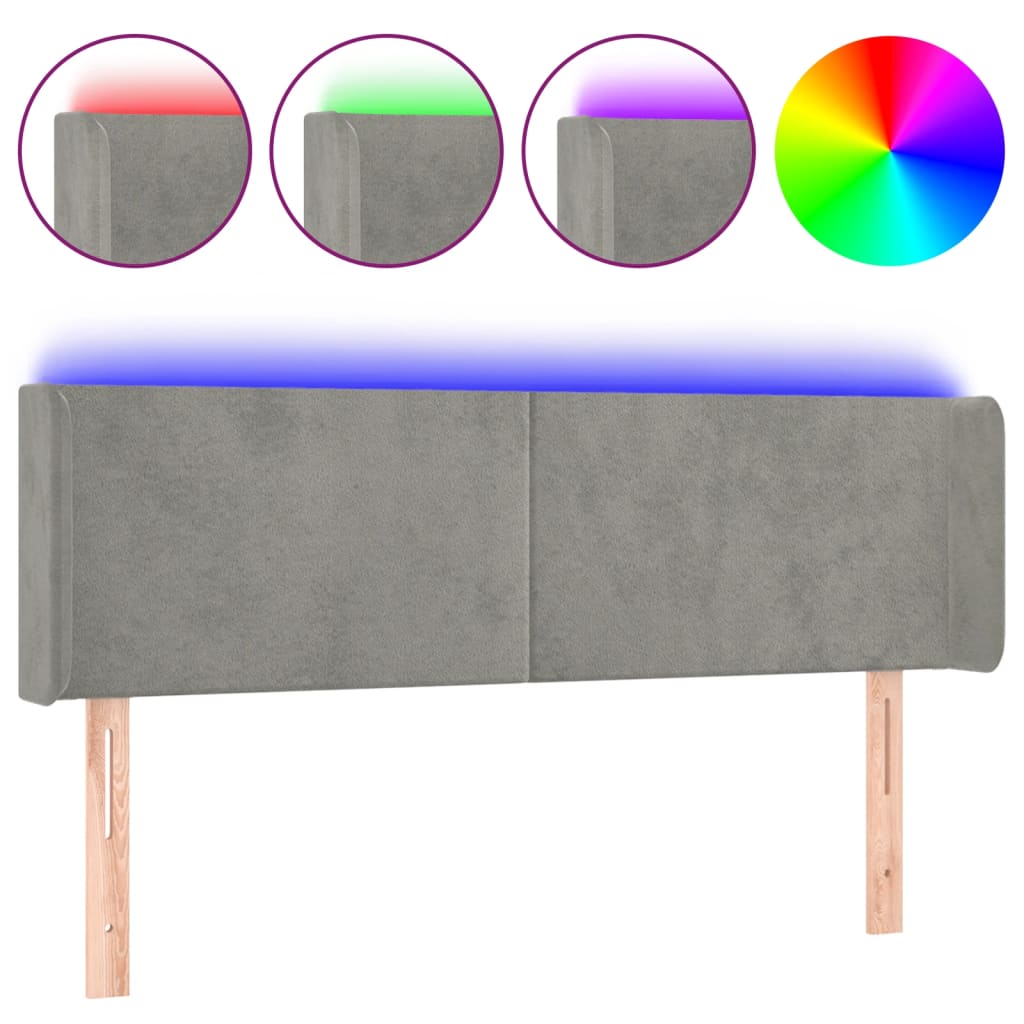 sengegavl med LED-lys 147x16x78/88 cm fløjl lysegrå