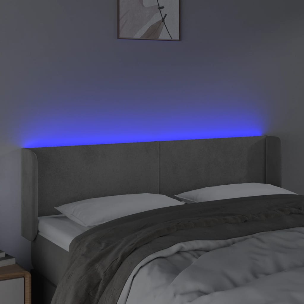 sengegavl med LED-lys 147x16x78/88 cm fløjl lysegrå