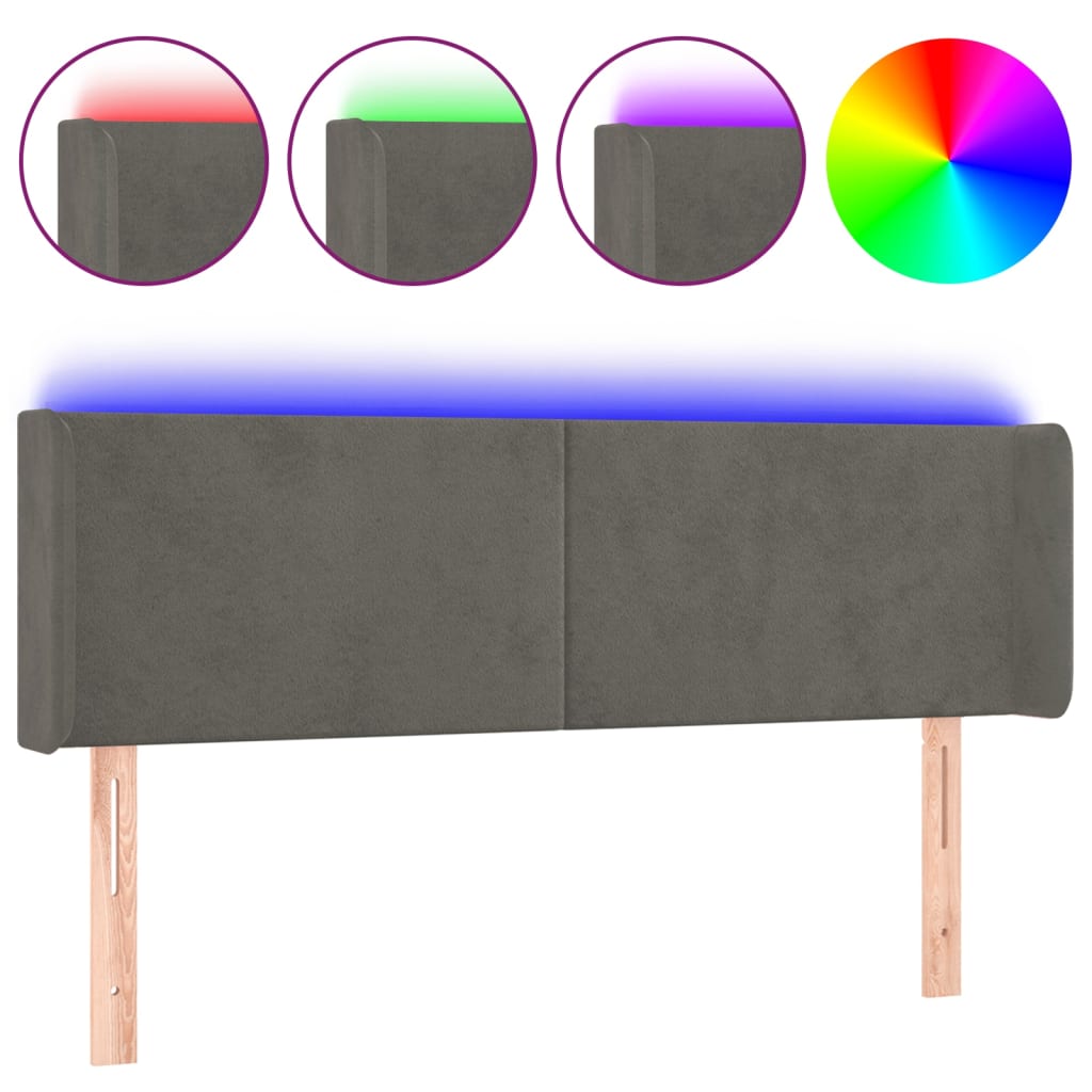 sengegavl med LED-lys 147x16x78/88 cm fløjl mørkegrå