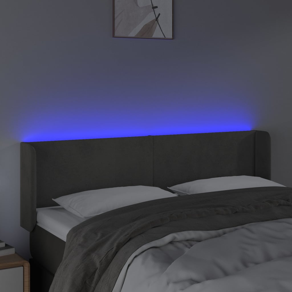 sengegavl med LED-lys 147x16x78/88 cm fløjl mørkegrå