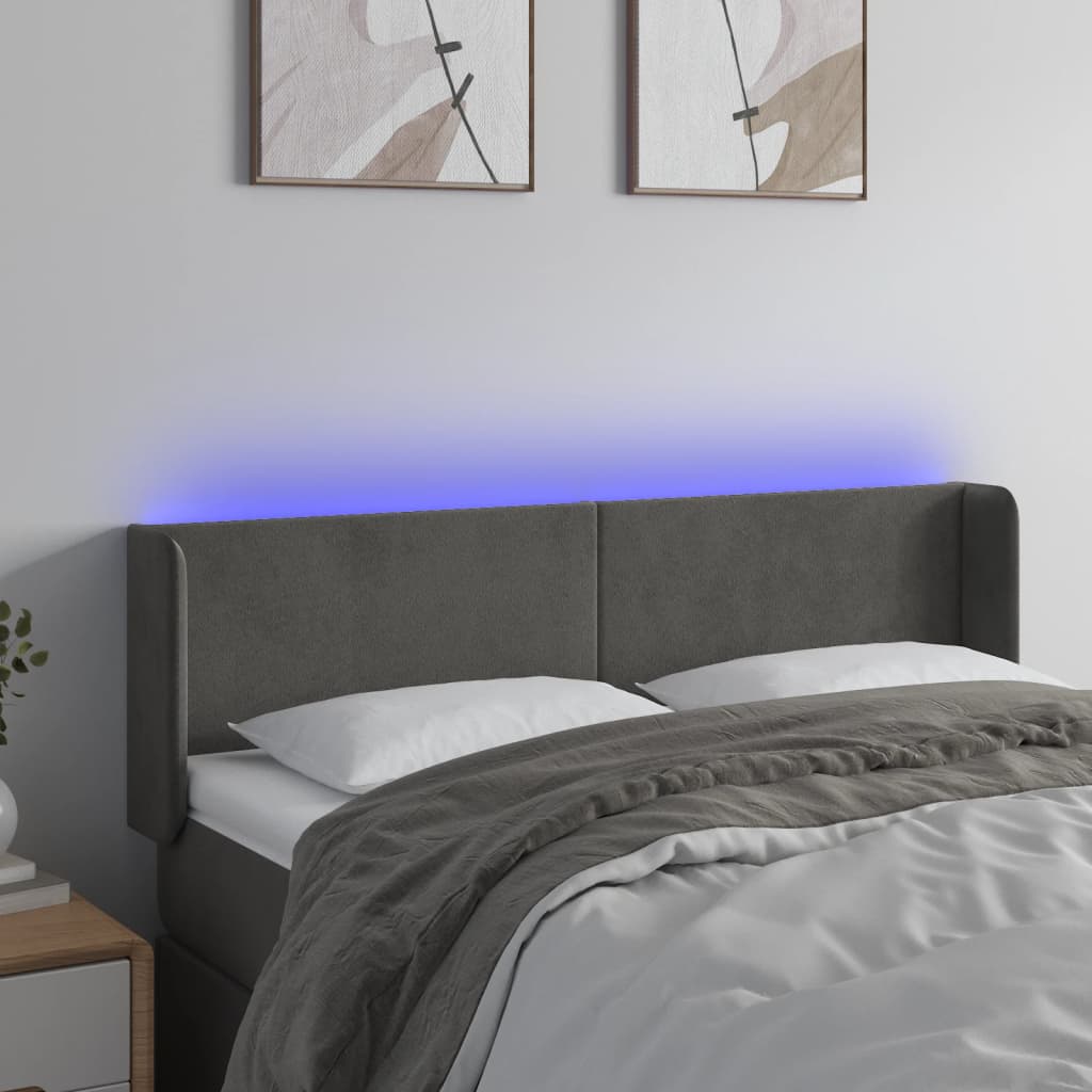 sengegavl med LED-lys 147x16x78/88 cm fløjl mørkegrå