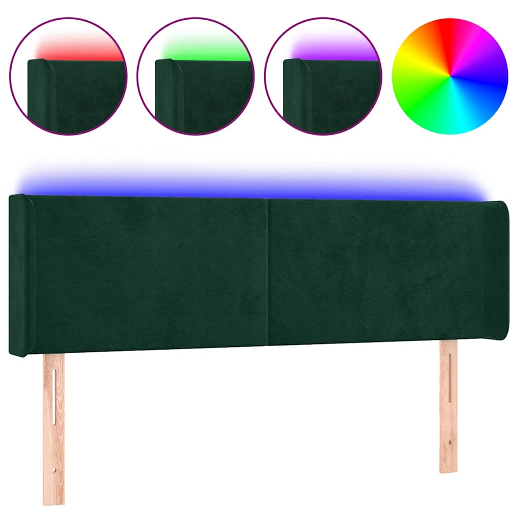 sengegavl med LED-lys 147x16x78/88 cm fløjl mørkegrøn