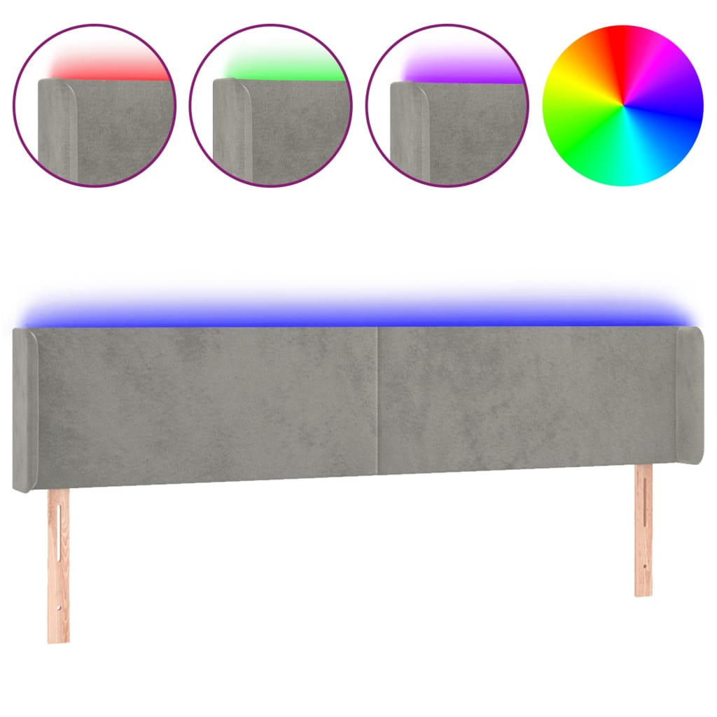 sengegavl med LED-lys 163x16x78/88 cm fløjl lysegrå