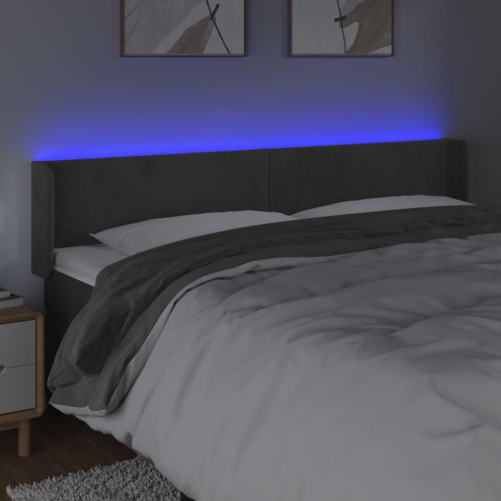 sengegavl med LED-lys 163x16x78/88 cm fløjl mørkegrå