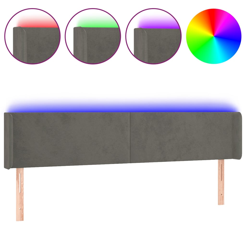 sengegavl med LED-lys 183x16x78/88 cm fløjl mørkegrå