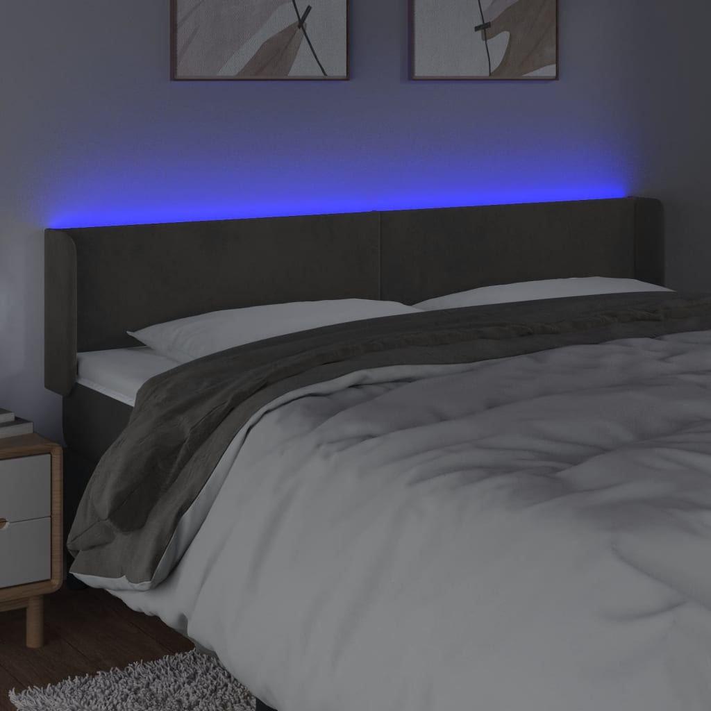 sengegavl med LED-lys 203x16x78/88 cm fløjl mørkegrå