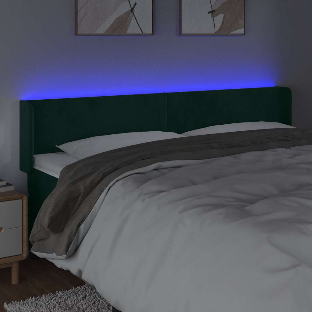 sengegavl med LED-lys 203x16x78/88 cm fløjl mørkegrøn