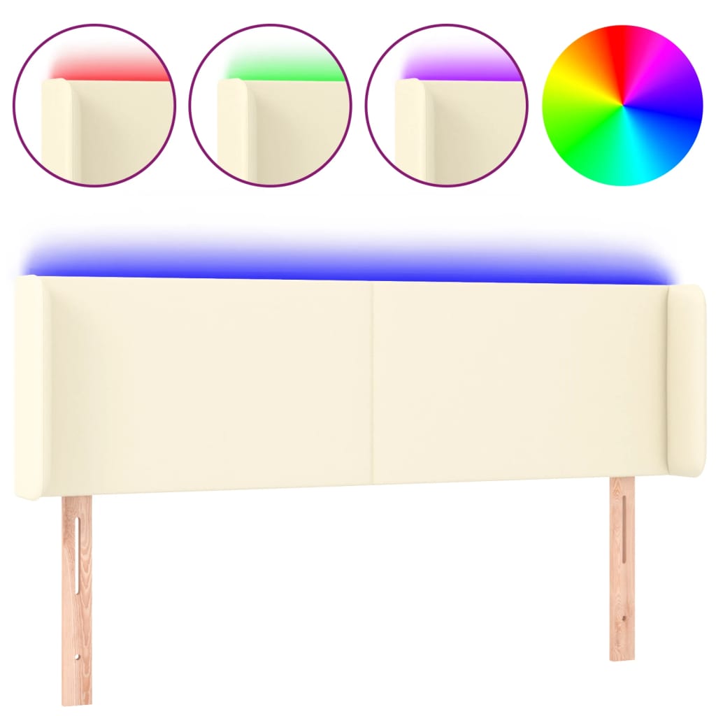 sengegavl med LED-lys 147x16x78/88 cm kunstlæder cremefarvet