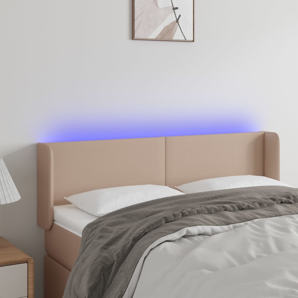 sengegavl med LED-lys 147x16x78/88cm kunstlæder cappuccino