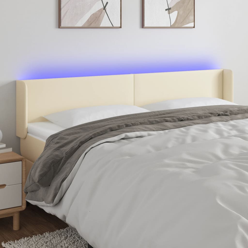 sengegavl med LED-lys 203x16x78/88 cm kunstlæder cremefarvet