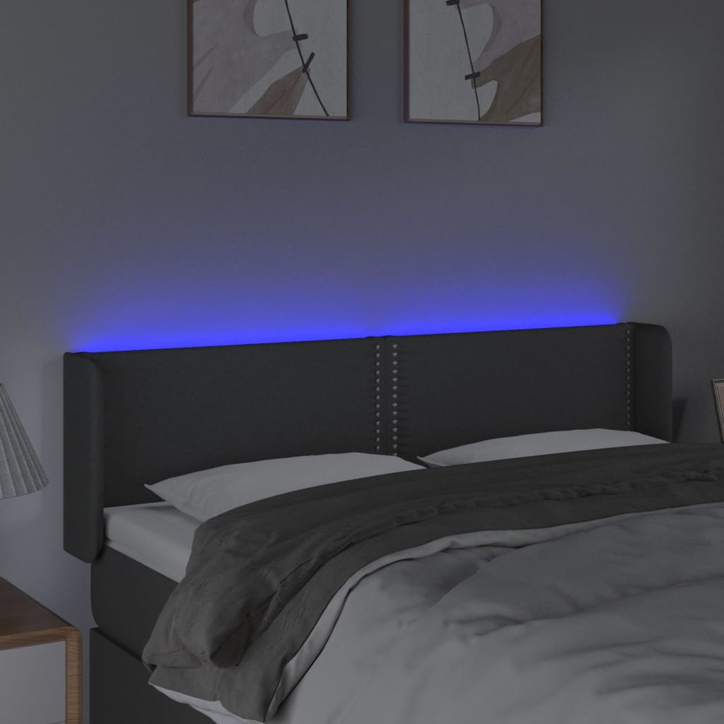 sengegavl med LED-lys 147x16x78/88 cm stof mørkegrå