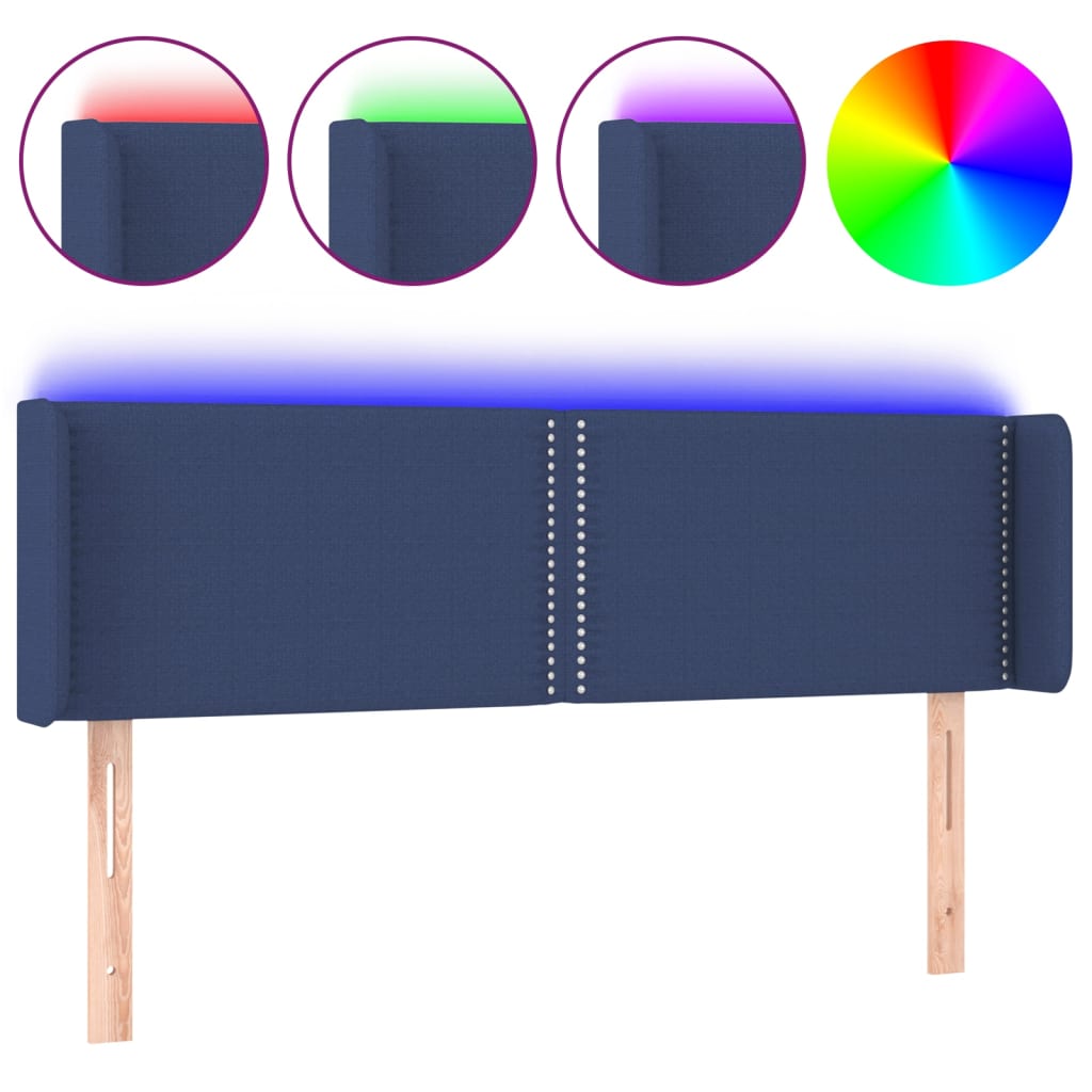 sengegavl med LED-lys 147x16x78/88 cm stof blå