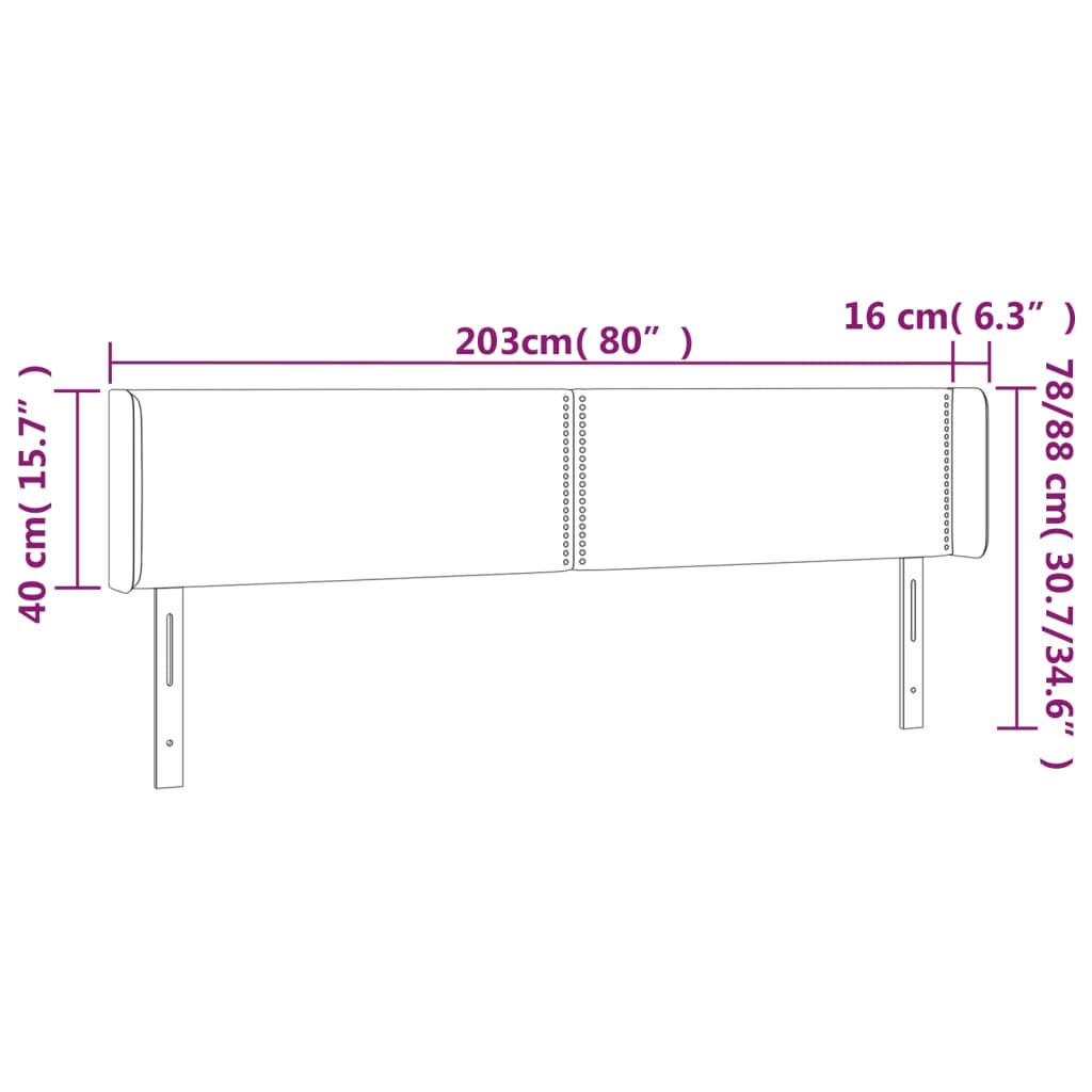 sengegavl med LED-lys 203x16x78/88 cm stof lysegrå