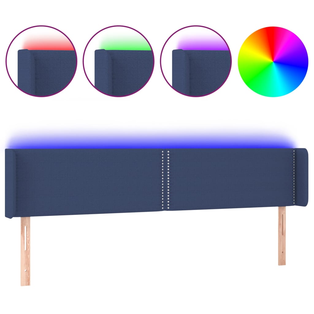 sengegavl med LED-lys 203x16x78/88 cm stof blå
