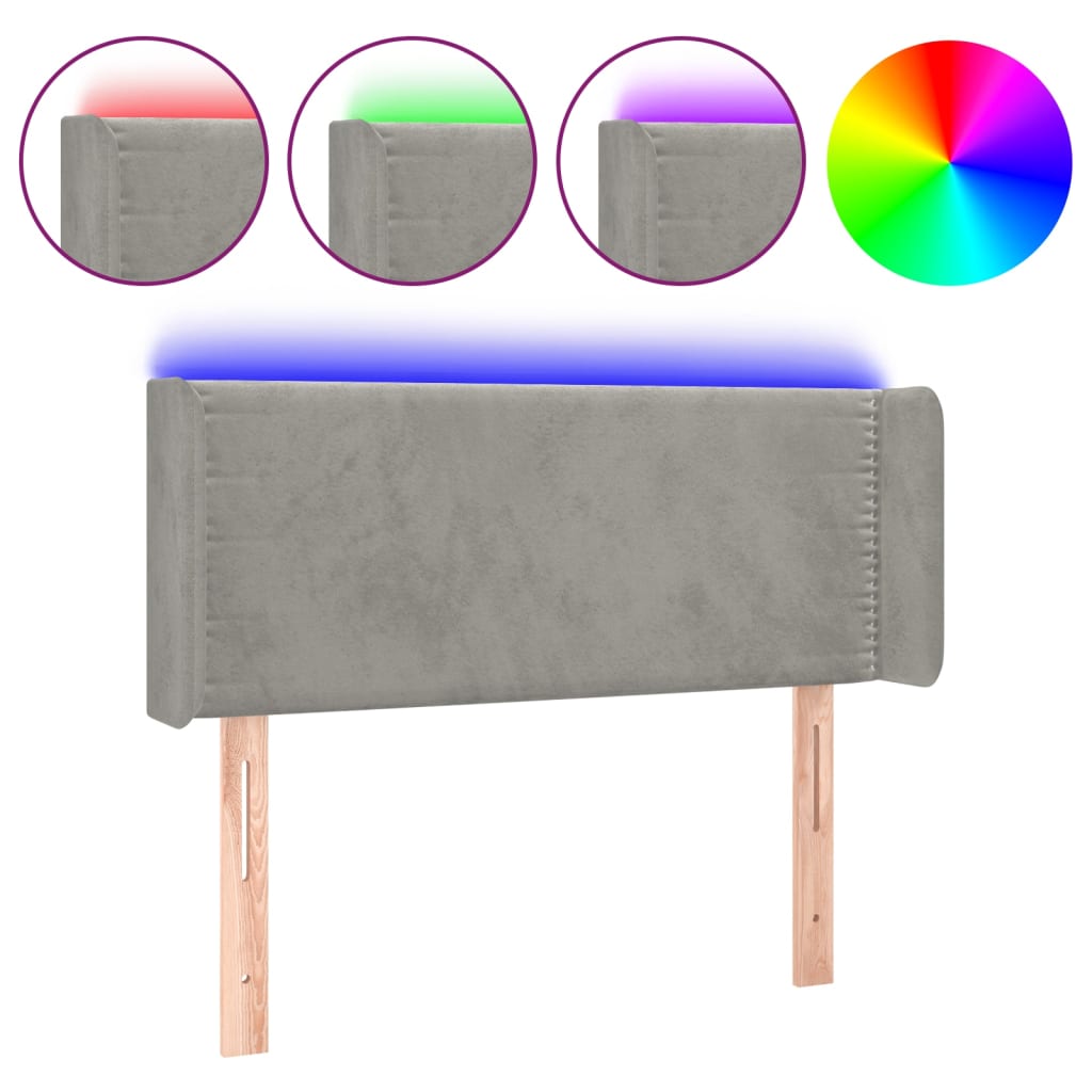 sengegavl med LED-lys 93x16x78/88 cm fløjl lysegrå