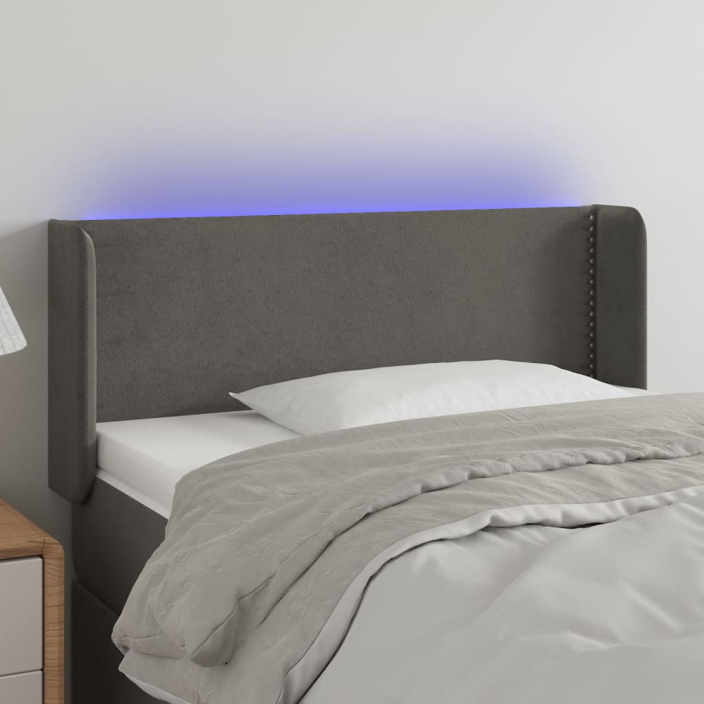 sengegavl med LED-lys 93x16x78/88 cm fløjl mørkegrå