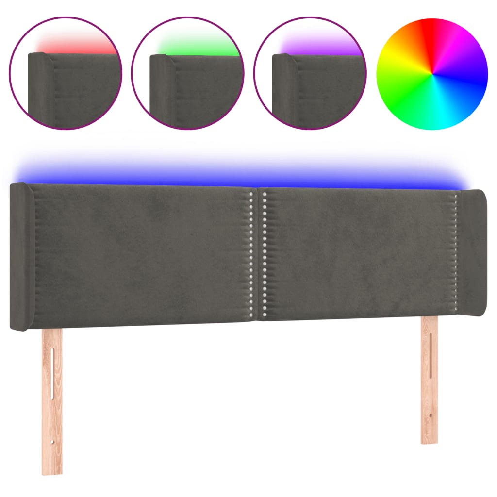 sengegavl med LED-lys 147x16x78/88 cm fløjl mørkegrå