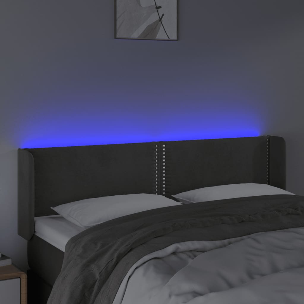 sengegavl med LED-lys 147x16x78/88 cm fløjl mørkegrå