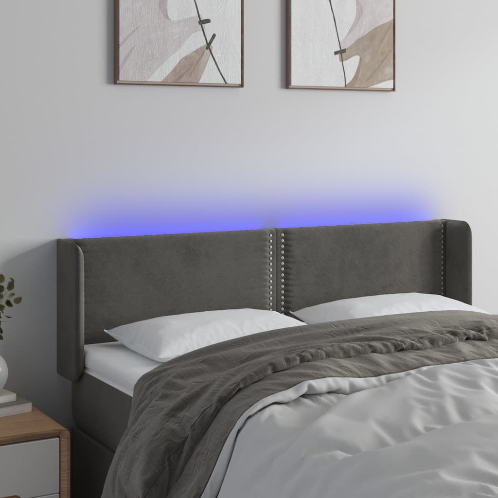 sengegavl med LED-lys 147x16x78/88 cm fløjl mørkegrå