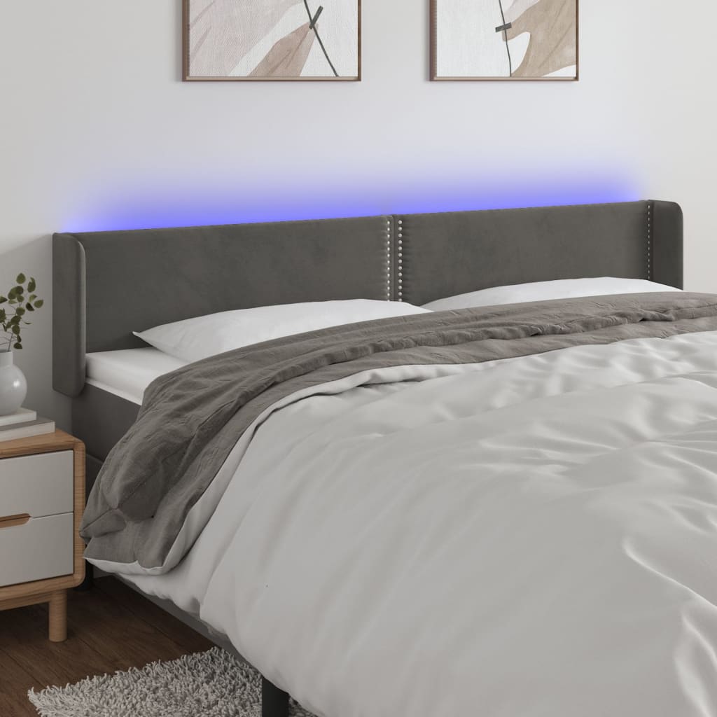 sengegavl med LED-lys 163x16x78/88 cm fløjl mørkegrå