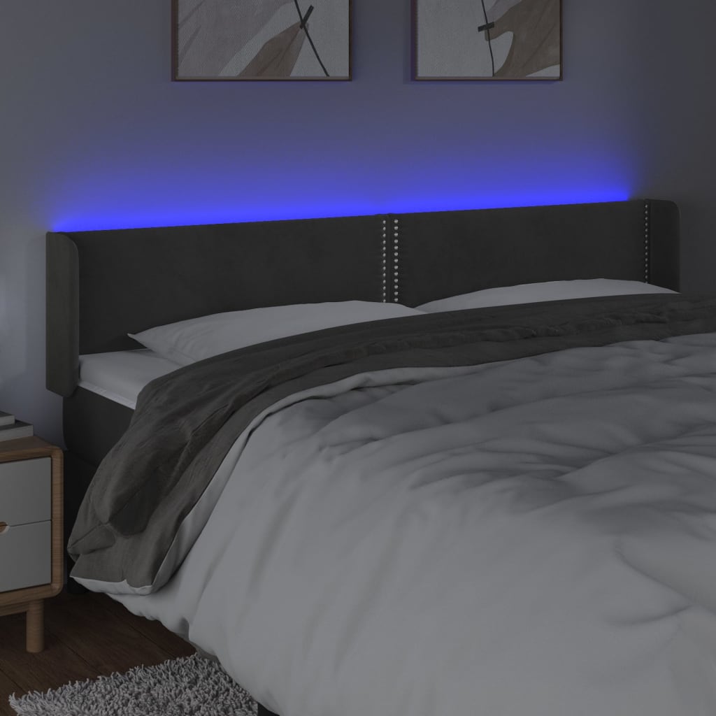 sengegavl med LED-lys 183x16x78/88 cm fløjl mørkegrå