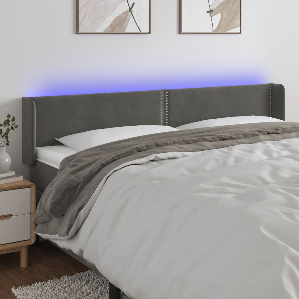 sengegavl med LED-lys 183x16x78/88 cm fløjl mørkegrå