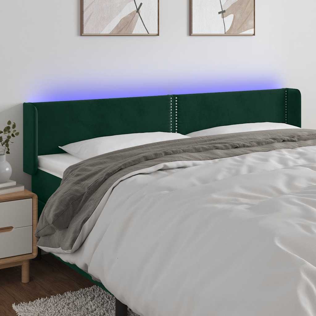 sengegavl med LED-lys 183x16x78/88 cm fløjl mørkegrøn