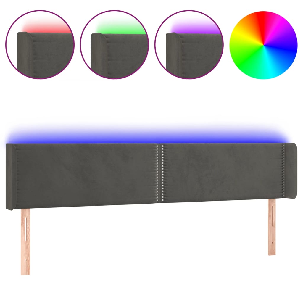 sengegavl med LED-lys 203x16x78/88 cm fløjl mørkegrå