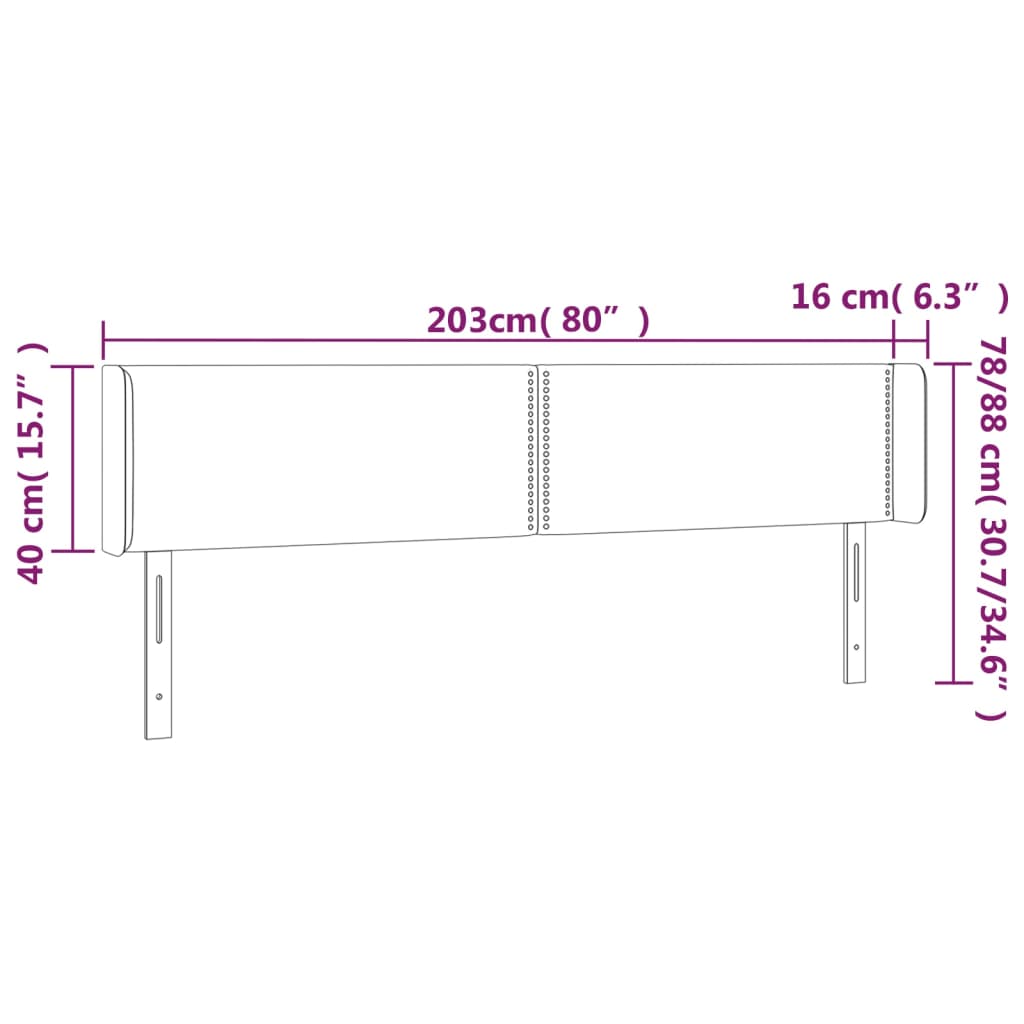 sengegavl med LED-lys 203x16x78/88 cm fløjl mørkegrå